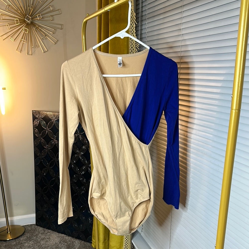 American Apparel White and Blue Asymmetrical Raglan Bodysuit